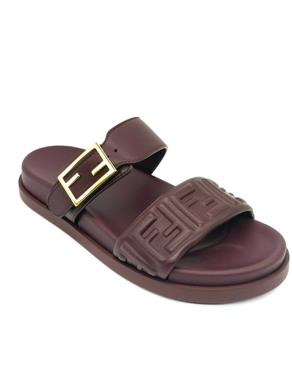 FENDI Feel FF Logo Double Band Flat Leather Slide Dad Sandals Shoes Plum - Picture 9 of 14